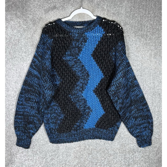 Vintage 80s Saturday's Sweater Mens Size XL Blue Black Chunky Open Knit Acrylic - Picture 1 of 5